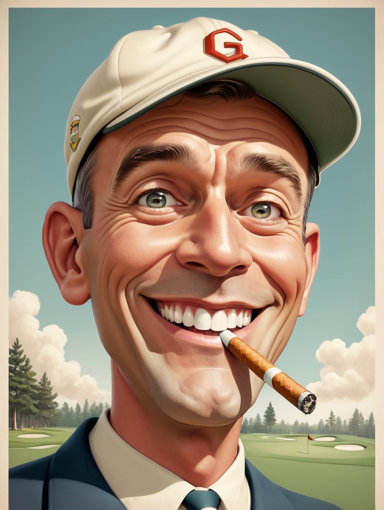 1950's style cartoon of a white man's face, with a golf cap on, looking to the side, smiling, smoking a cigarette, with big and wide eyes and a big smile.