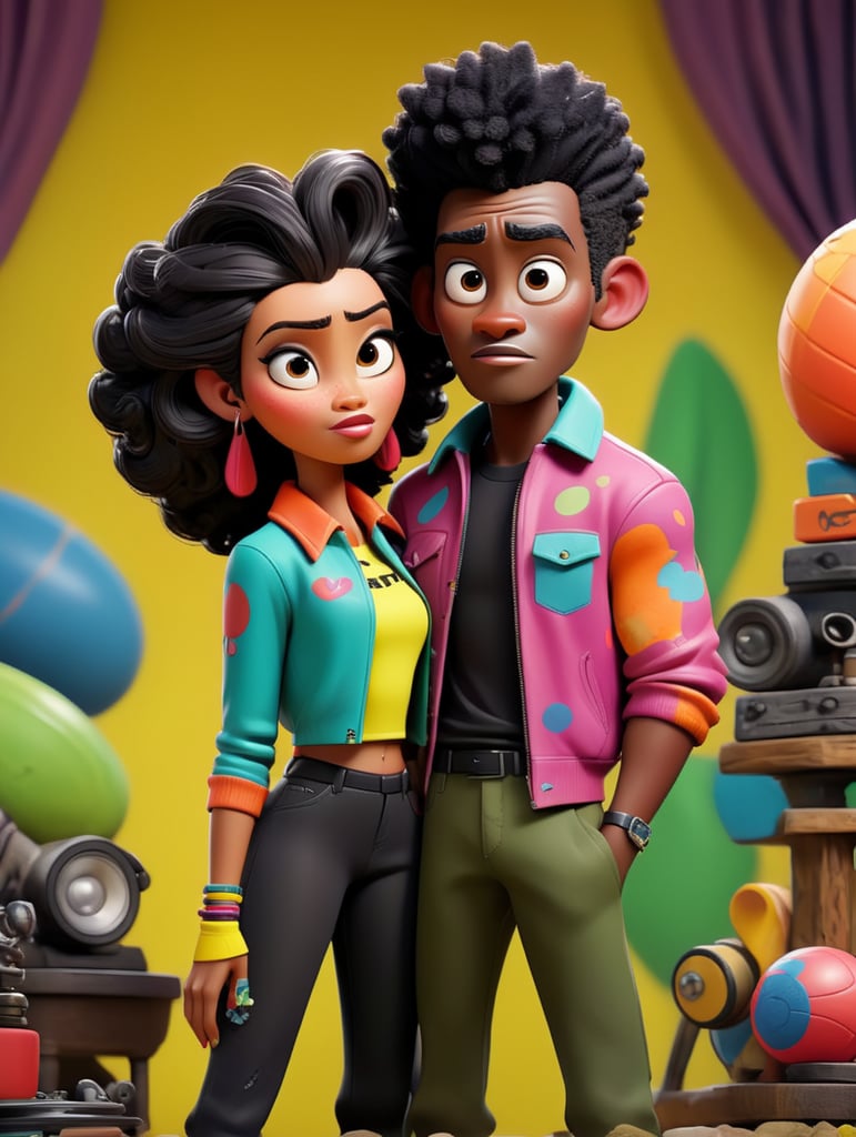 The assemblage has a very naturalistic style, with trademark use of bold colors and brushstrokes. Sportiv man and women, afro dandy, athletic shape, 80's afrobeat, custom made jacket african shirt, colorful fabric, african curtain, fashion, ebony, black, mannequin, 3d model, couple, centered image