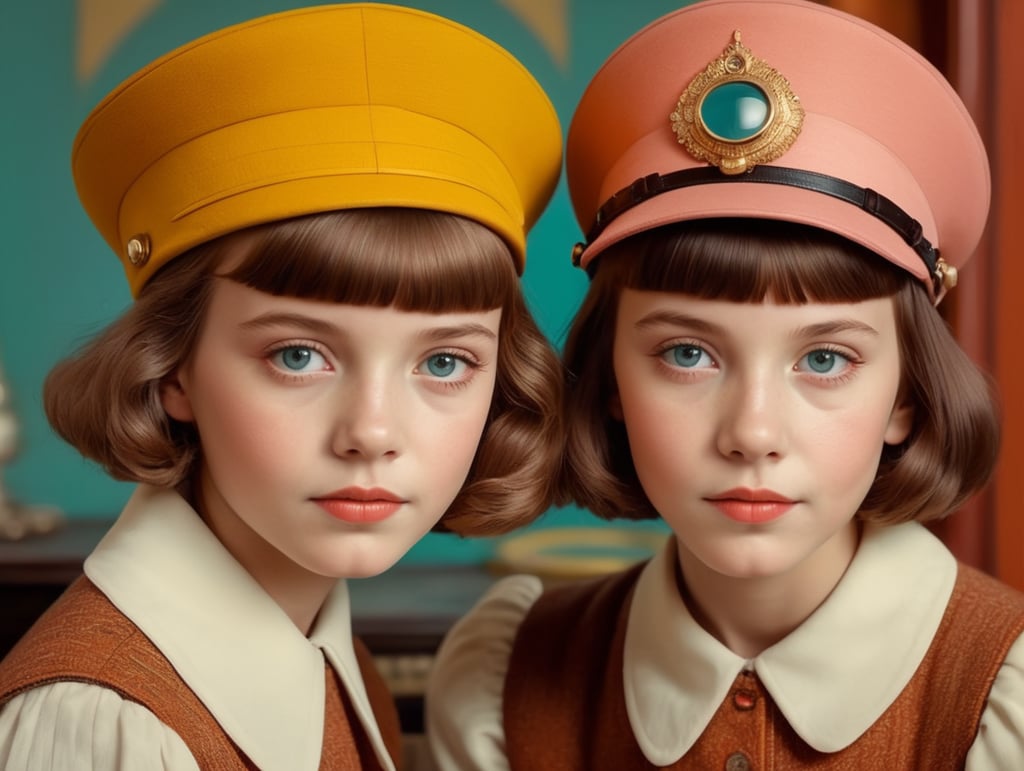 Vintage portrait of two girls, Wes Anderson style, Incredibly high detail, Bright colors