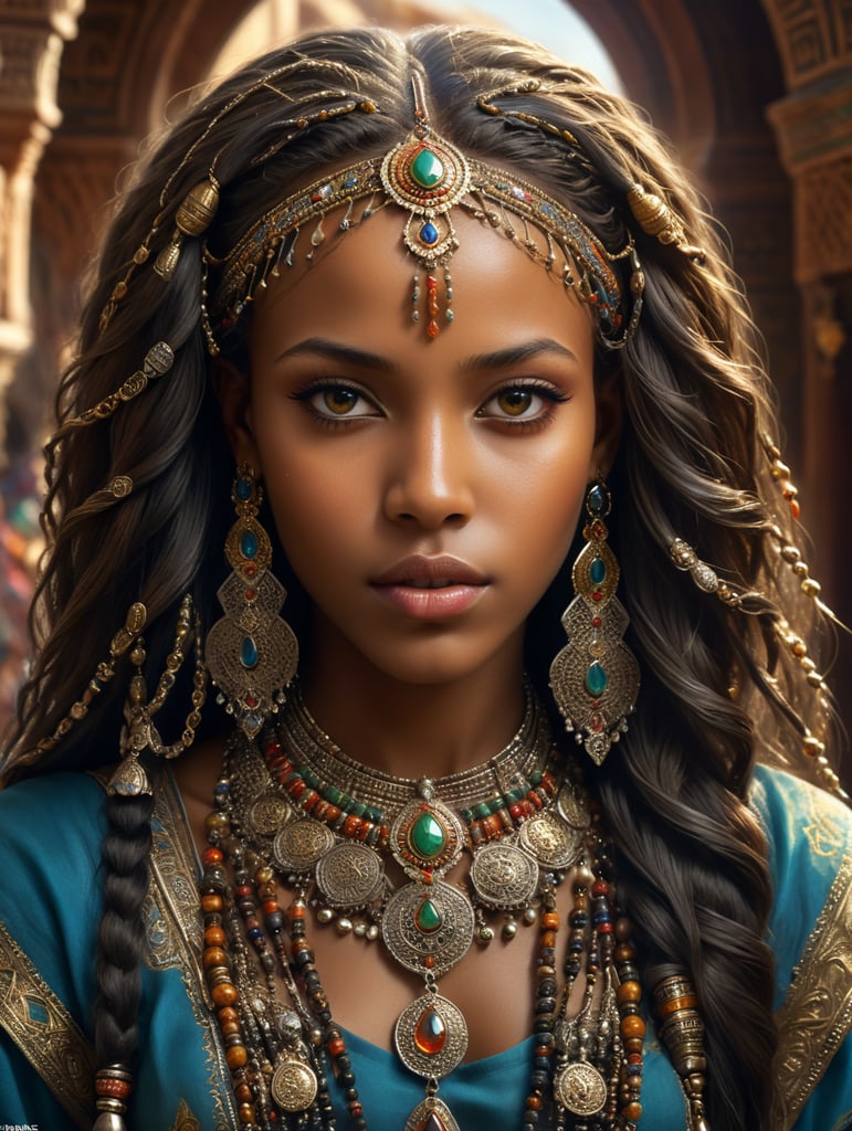 stunning African American Morocco girl with jewelry long hair