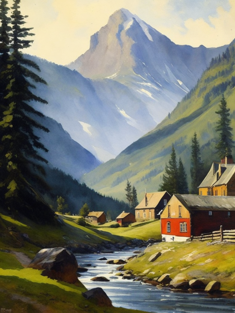 Landscape with a Norwegian village in the mountains, a mountain river, painting, oil, watercolor, Landscape, style of Gifford Beal