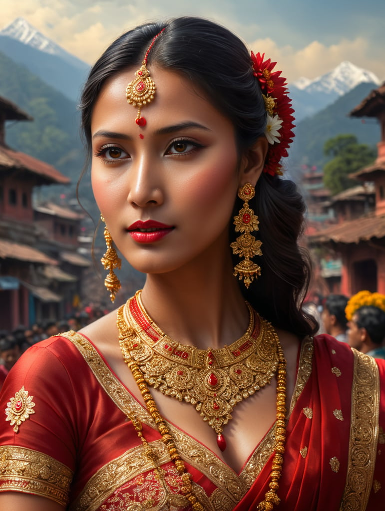 Nepali girl in her wedding wearing gold necklace and red saree with Mari gold flowers decorated Kathmandu background