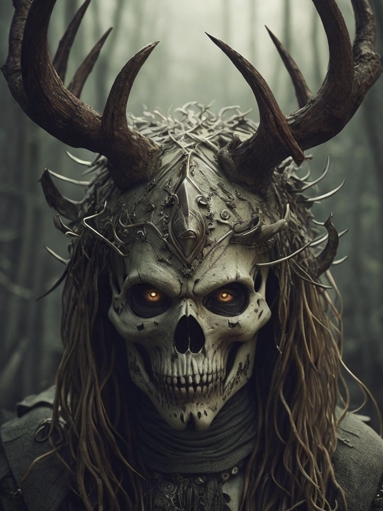 portrait of a Celtic pagan druid wearing a stag skull mask, rune symbols, fantasy concept art, highly detailed