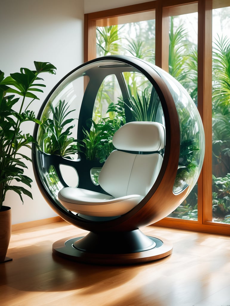 Futuristic sci-fi pod chair, flat design, product-view, editorial photography, transparent orb, product photography, natural lighting, plants, natural daytime lighting, zbrush, 8k, natural wooden environment