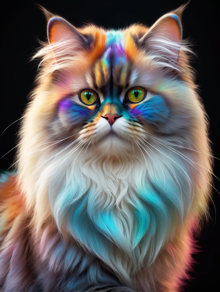 Fractal style. Colorful Persian cat with a fluffy tail. Intricate details, highly detailed, digital painting, stunning textures, iridescent and luminescent scale, breathtaking beauty, iridescent and luminescent scale, abstract motifs