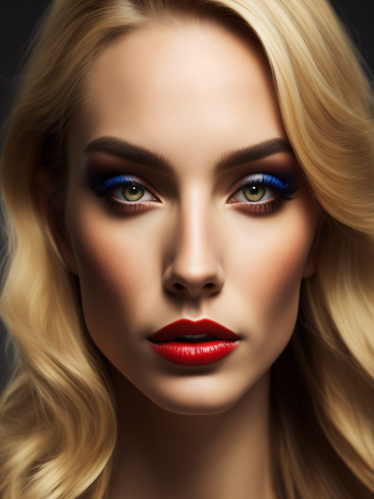 Portrait of a blonde woman, bright and saturated colors, elegant, highly detailed, vogue, fashion magazine, sharp focus, bright expressive makeup, dramatic lighting, depth of field, incredibly high detailed, blurred background'