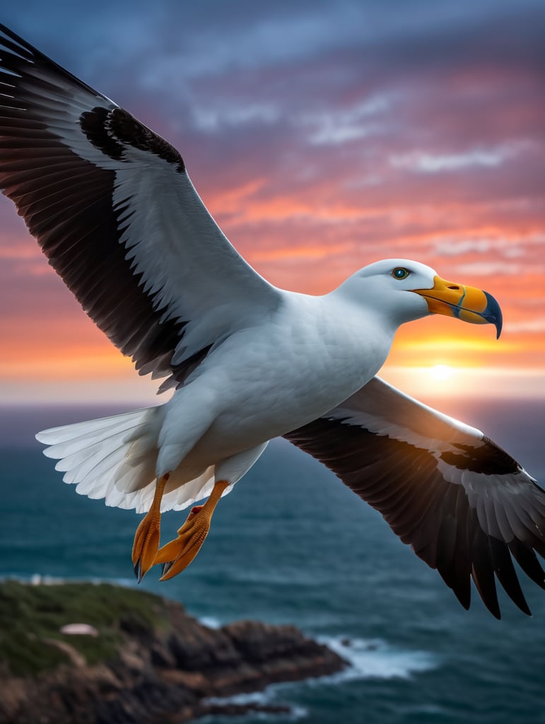 Metaverse, UX, futuristic, beautiful albatross, beautiful eyes, open wings, portrait, beautiful colors, realistic and hyper detailed, rendered in cinema 4d, magic realism, beautiful sunset, southern ocean, scale