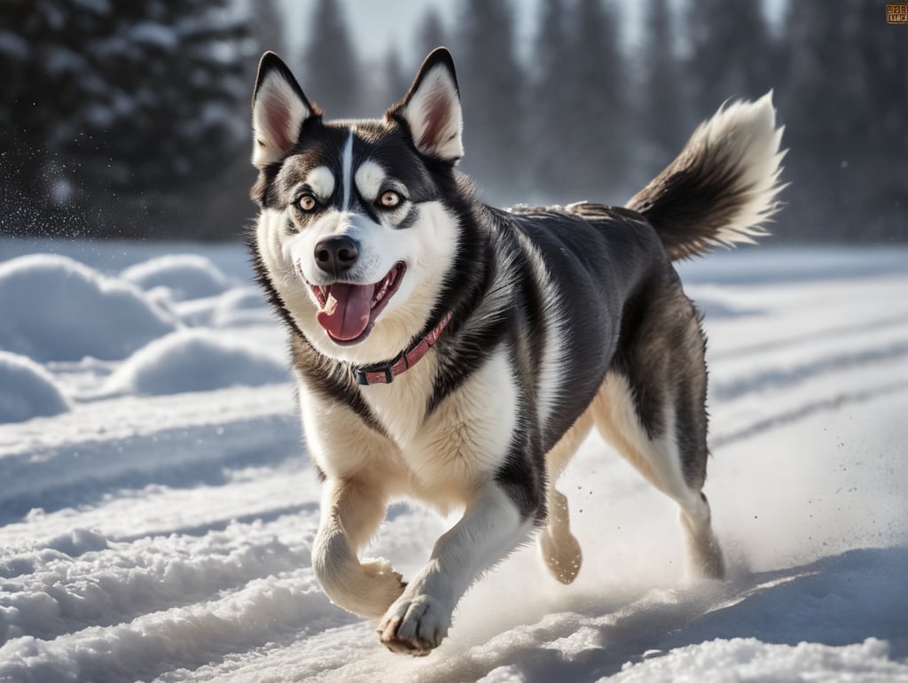 side view of skinny Husky-Sheppard mix dog running in snow. happy and smiling and with tongue out