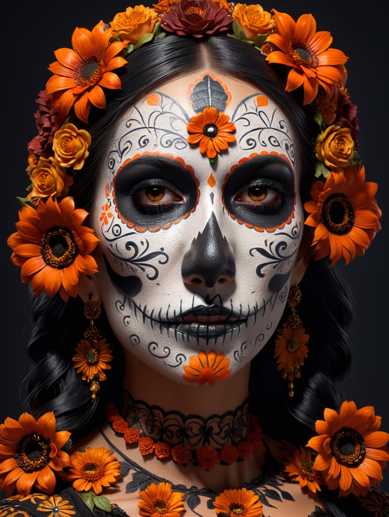 black, burnt orange, mexican, day of the dead make up, flowers 3d style
