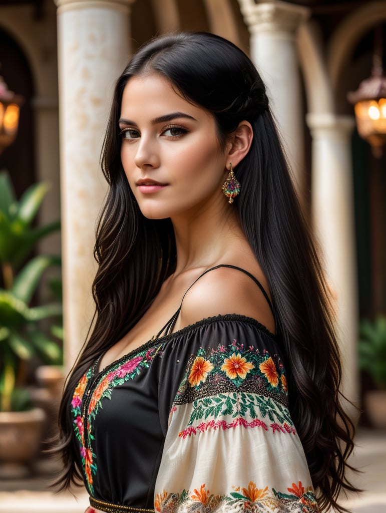 uma linda garota branca com cabelos lisos compridos e pretos ela veste um lindo vestido em um ambiente mexicanos