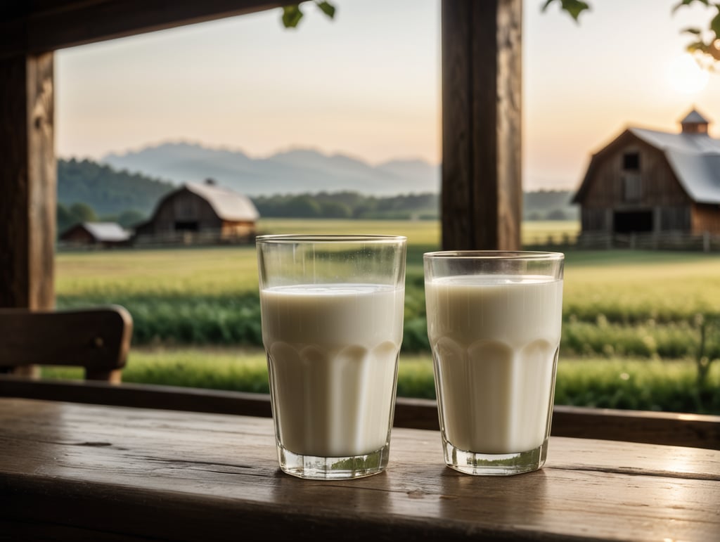 A mockup of a glass of milk, early morning, farm blurred background