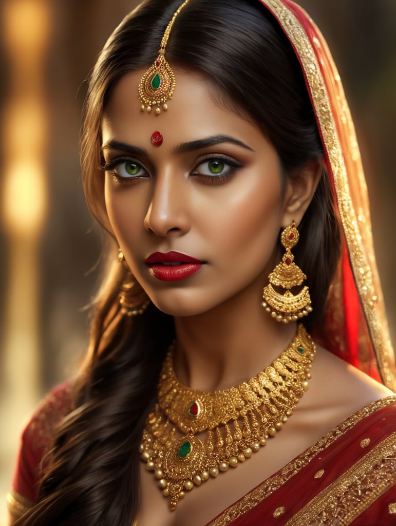 Indian Tamil girl, rich beautiful sari, bright makeup, golden jewelry, long brown hair, green eyes, red lips.