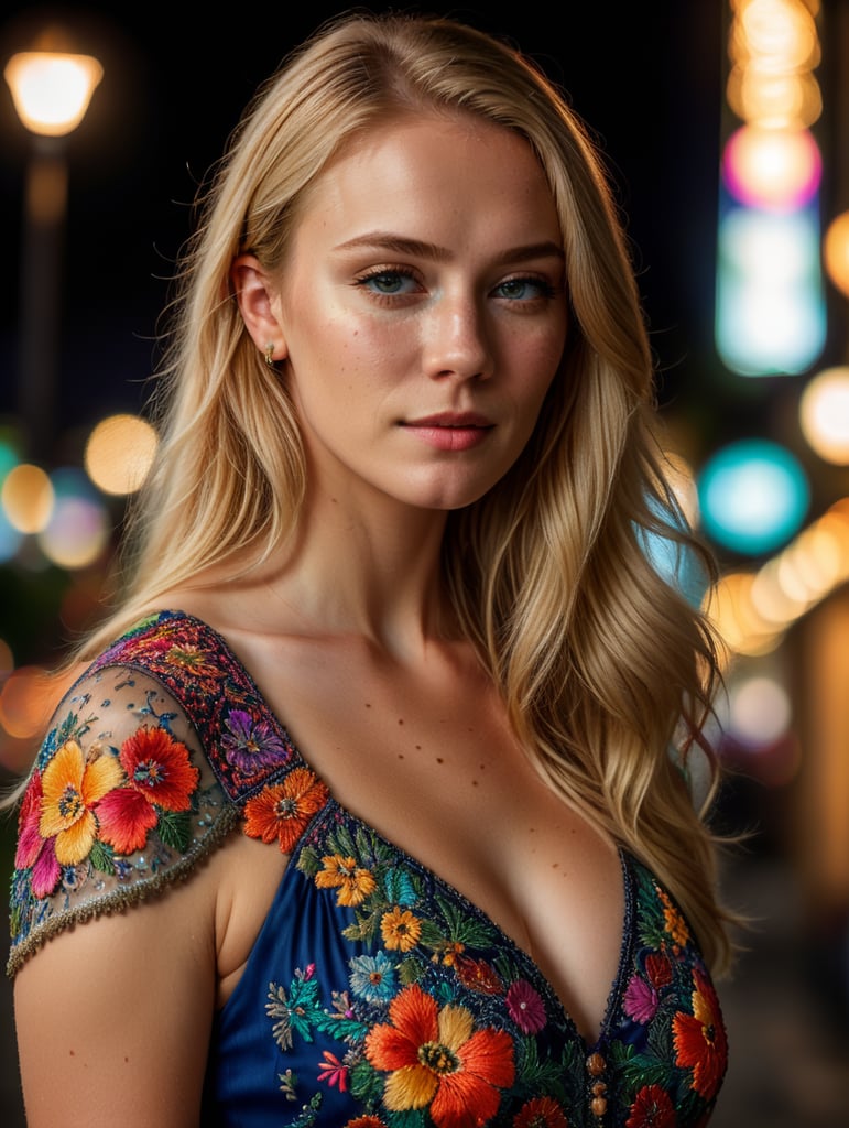 Beautiful blonde woman with freckles, wearing a colorful, vibrant, detailed embroidered dress, medium-full shot, at night