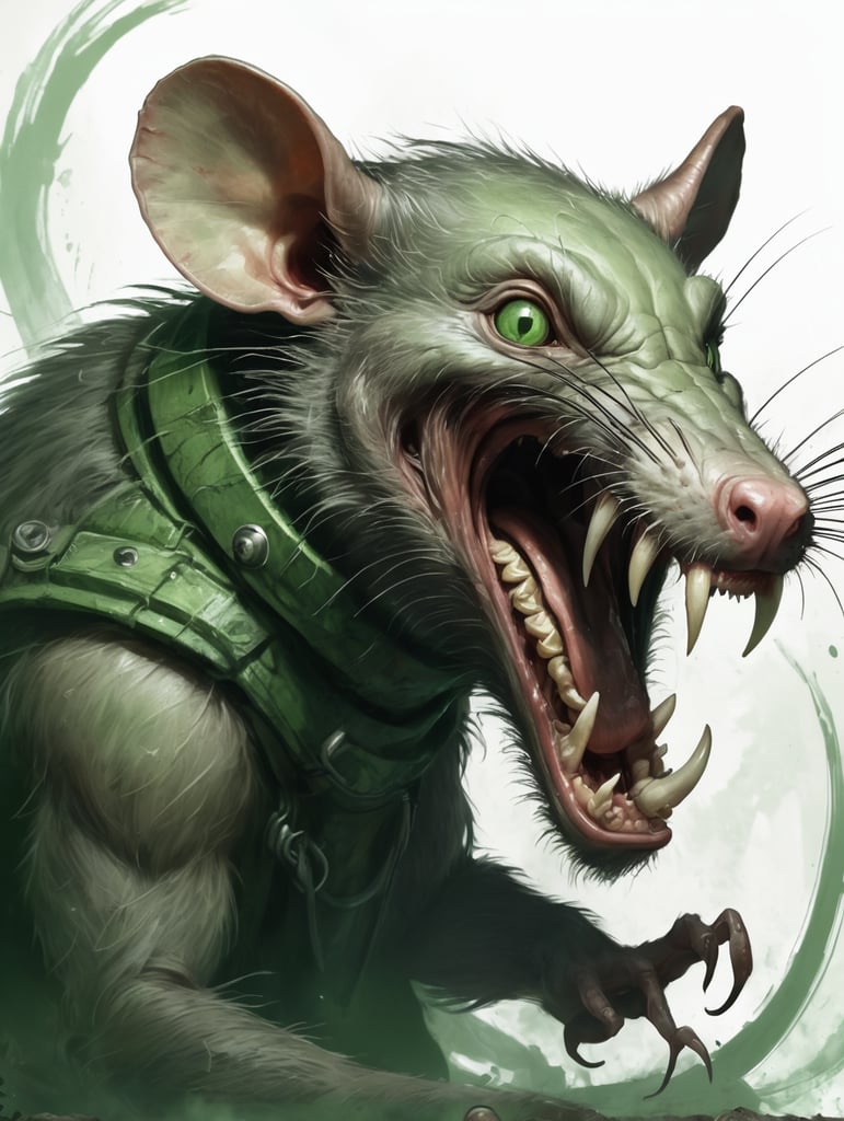 a huge evolved mutant rat screaming,horror theme, green theme , 2d game art,sketch art