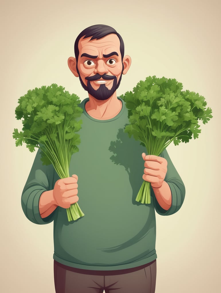 ugly man with parsley in his hand cartoon style