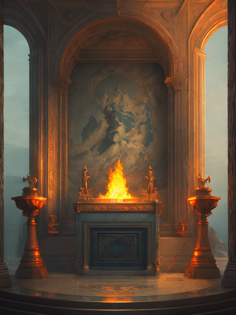 An altar of marble and fire in the greek style in olympus, hyperrealistic