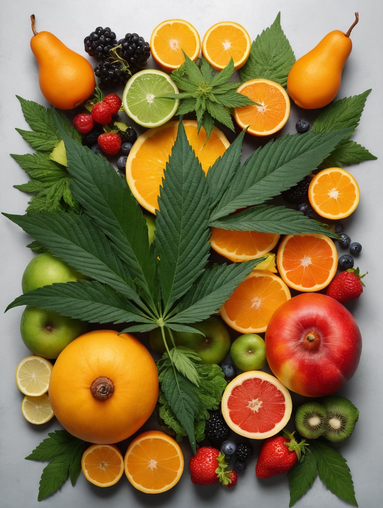 Cannabis leaf surrounded by exotic fruit, berries, and vegetables