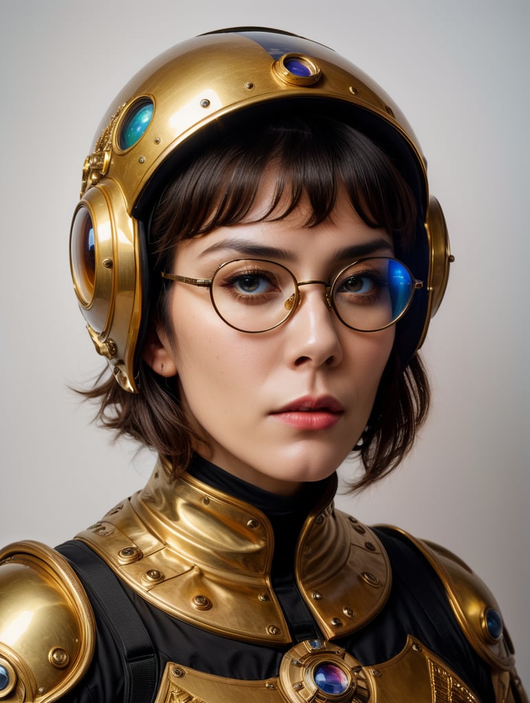 In 1998, abstract fashion photography captured a 1960s astronaut woman in a gold spacesuit with a large helmet and glasses. The art, created by Victor Moscoso and Bridget Riley, used Kodak Ektar 100 film. Carne Griffiths added a touch of magic with fluid art, while artists like Conrad Roset, Ilya Kuvshinov, Mark Fielding, and Zwy Studio emphasized high lights in the eyes. Sergio Lopez and Natalie Shau also contributed to the artwork.