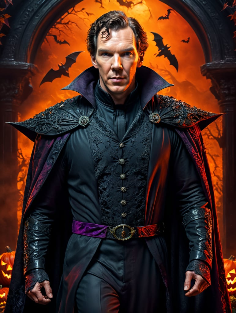 Benedict Cumberbatch wearing spooky Halloween costume, Vivid saturated colors, Contrast color