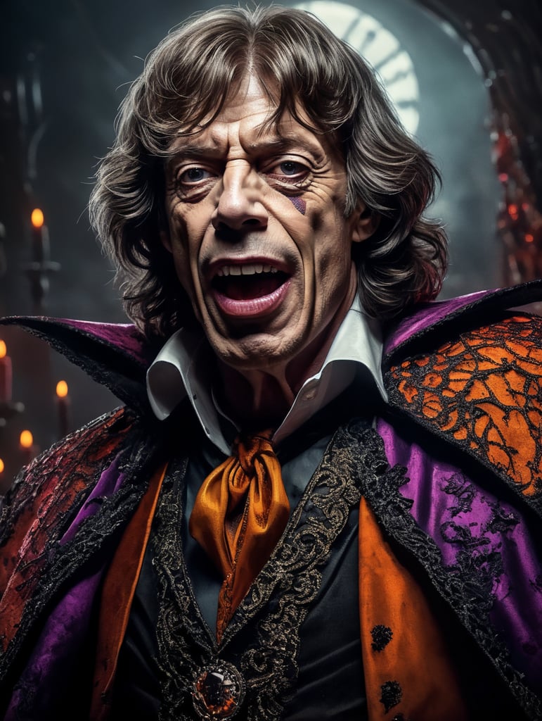 Mick Jagger as a creepy evil character wearing spooky Halloween costume, Vivid saturated colors, Contrast color