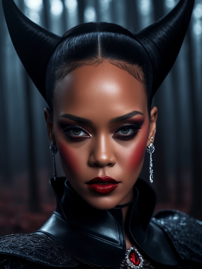 Portrait of Rihanna in a Dracula Halloween costume, scary face makeup, dark atmosphere, vintage style, red and black colors, high detail photo, professional photo shot, against the backdrop of an old creepy dark forest, contrasting light, bright colors, dark atmosphere