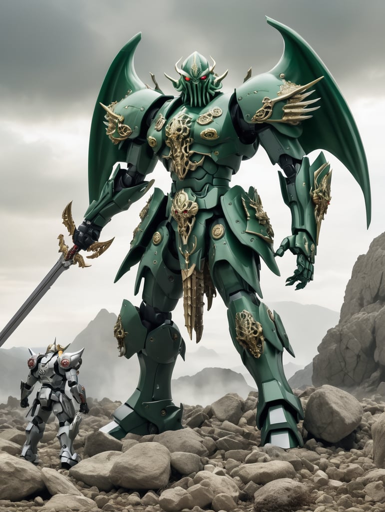 cthulhu Gundam with tentacle wings and saber sword in knight stance standing in open rocky field surrounded by fallen enemy's of war