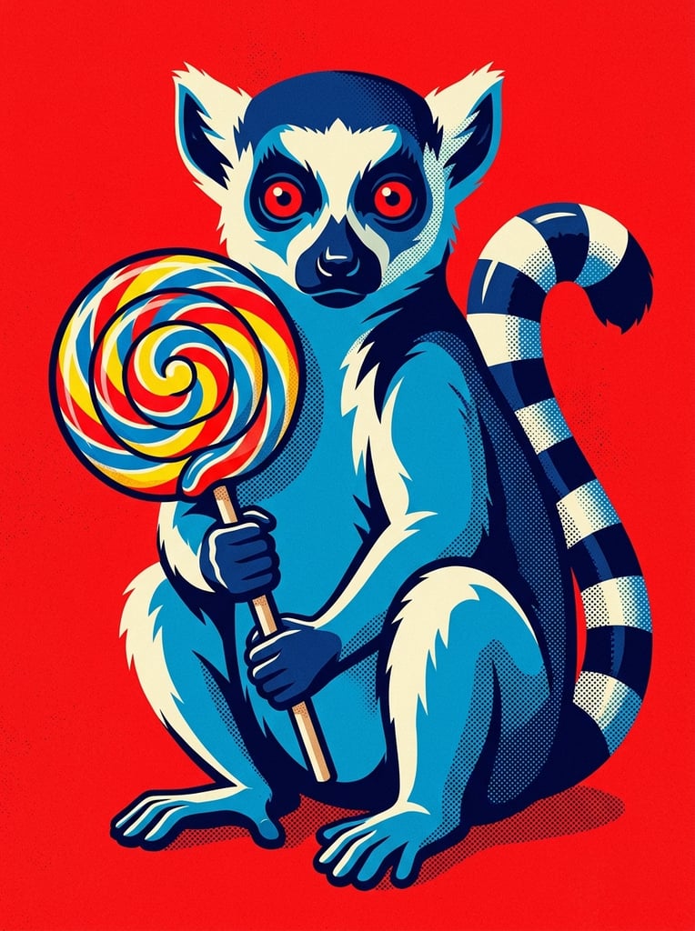 A stylized pop art illustration of a blue and white lemur with striking red eyes holding a colorful swirl lollipop against a solid, vibrant red background. The lemur is rendered in bold shades of navy, azure, and cream, with its fur depicted through crisp, graphic shapes. It grasps a white stick attached to a glossy lollipop featuring thick swirled bands of primary red, yellow, and blue. The artwork employs a retro screen print aesthetic, utilizing high-contrast flat colors combined with prominent halftone dot patterns that create shading along the right side of the lemur's body. The limited color palette of primary red, deep blues, and warm cream creates a striking, graphic visual impact with sharp, vector-like edges.