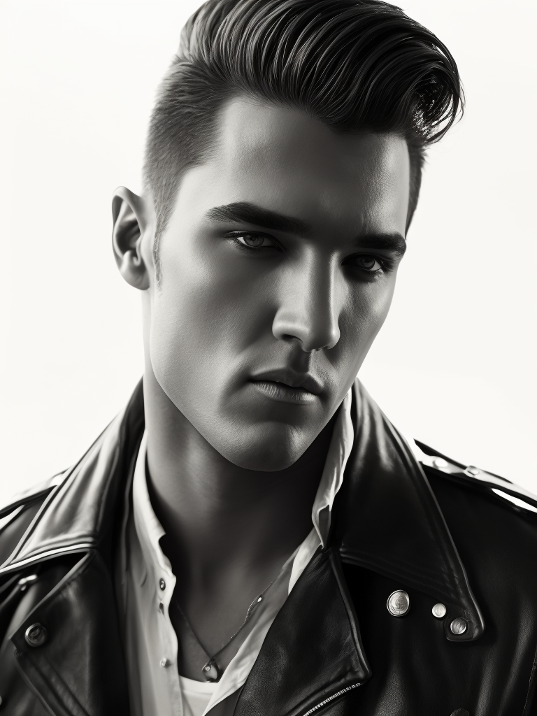 Portrait of a man with a haircut like Elvis Presley, leather jacket, black and white