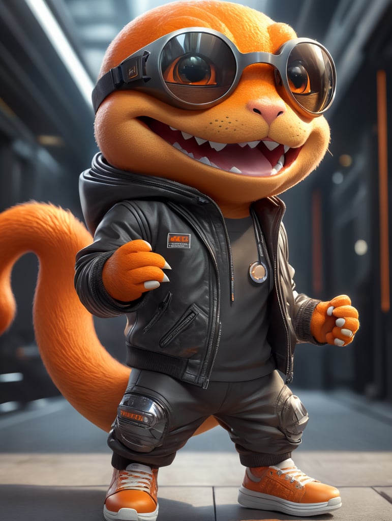 cute stylish charmander dressed in stylish futuristic sportswear clothes, big sneakers and a futuristic glasses