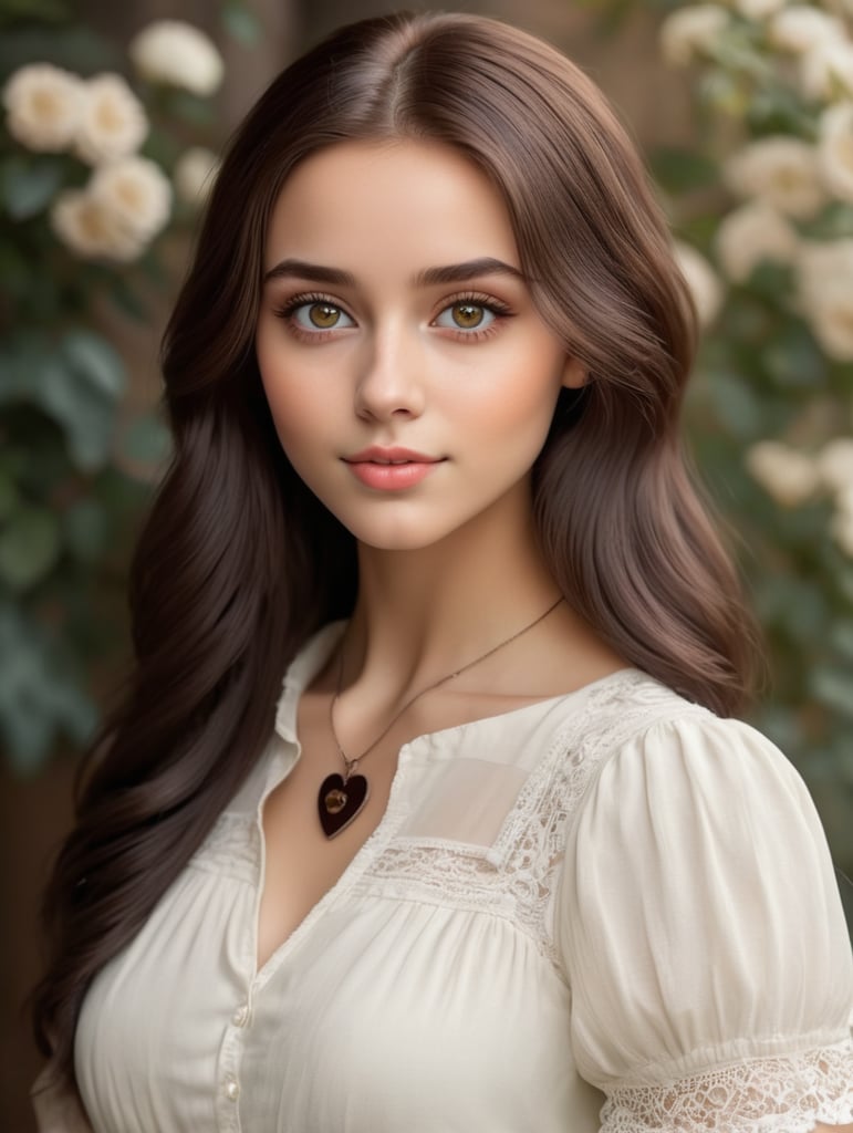 high contrast, saturated Highly detailed, Pretty regency twenty year girl with chocolate hair color, small heart shaped face, sharp dark bright upturned eyes with narrow inner corner