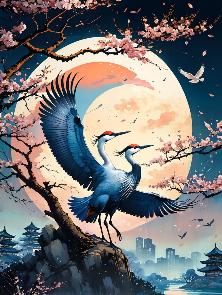 A Japanese crane flying in a blue night sky surrounded by falling cherry blossoms