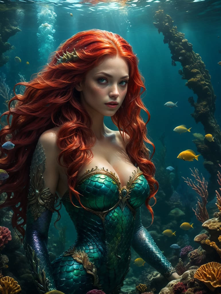 Backwards red hair mermaid underwater