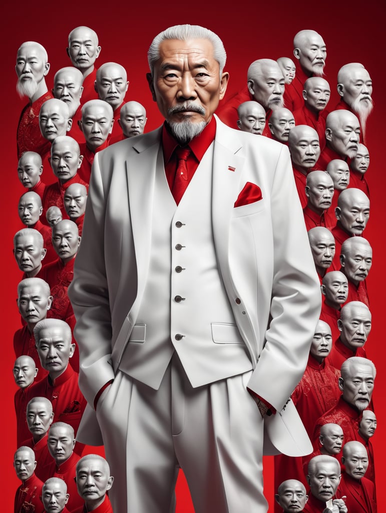 Chinese mafiosi old man, avant-garde, simplygo, photoshoot spread, dressed in all white, red background, harpers bizarre, cover, headshot, hyper realistic