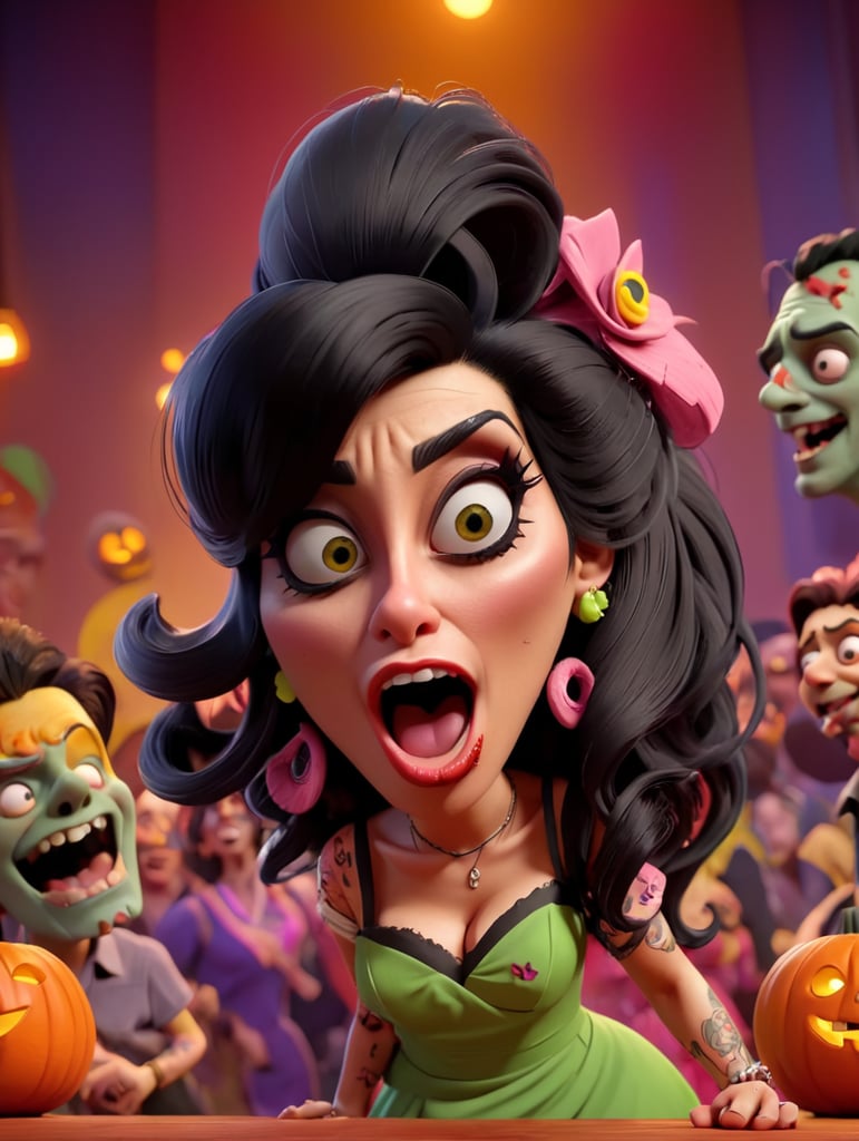 Drunken Zombie Amy Winehouse singing on stage, Halloween style, Vivid saturated colors, Contrast color