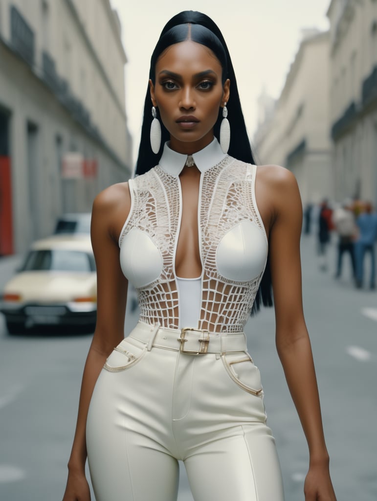 Donyale luna, model, 8k resolution, hyper realistic, day, 35mm film, editorial, high fashion, 2023, off white by virgil abloh