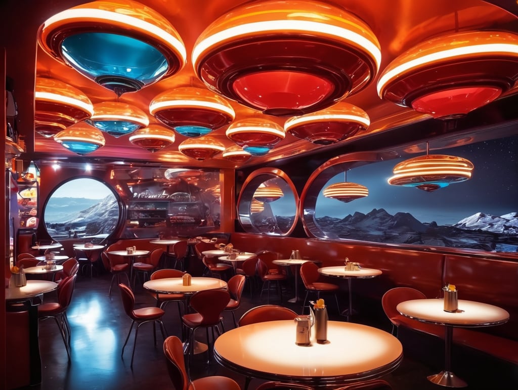 futuristic ufo cafe, mars, wasp shape, an night, neon, glass