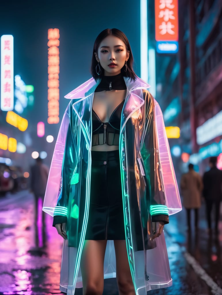 A women wearing translucent coat, standing on a street, neon cyber city, dark night, neon signs