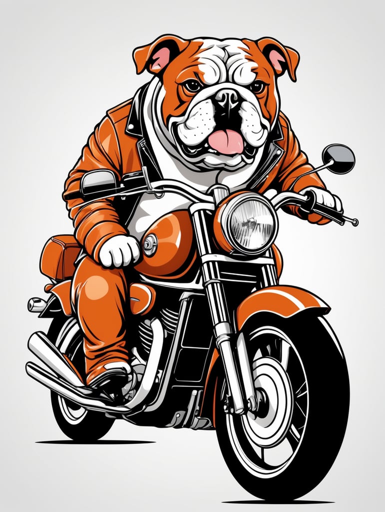 a bulldog wearing a leather jacket riding a motorbike, in the style of simple line art vector comic art on white background