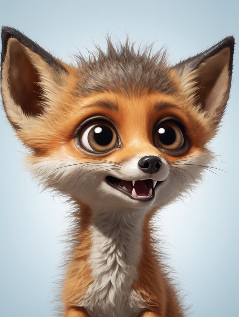 A caricature of a hairy baby fox, large eyes expressing surprise, oversized surprised eyes, hairy long neck, numb face, large eyes expressing surprise, long and shabby baby hair (Lanugo) on the face and neck, bright, photo realistic, enhanced image quality, contrasting background ,8k resolution, ultra realistic image