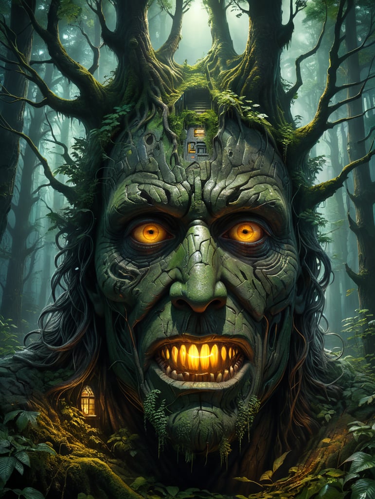 optical illusion of a hidden face hidden in a scene of dark forest city at night, buildings shine with neon lights amongst the beautiful boughs of the trees, a face hidden like a painting by Oleg Shuplyak.