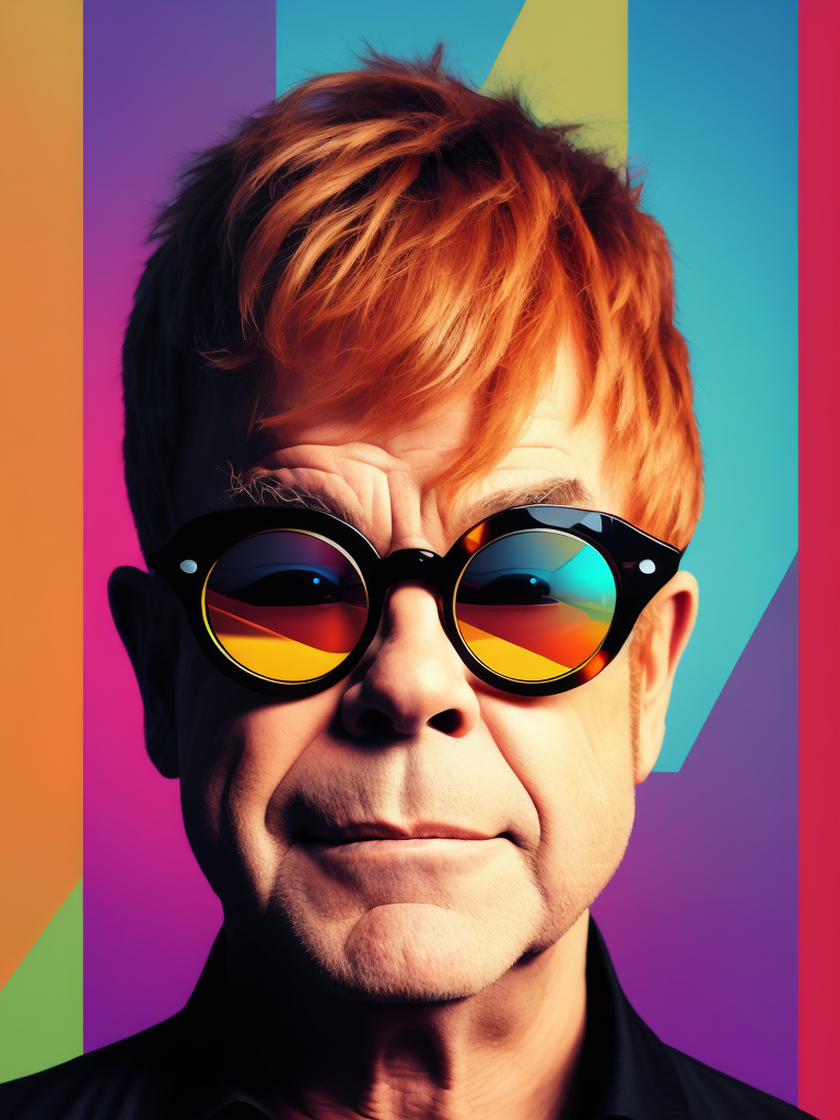 Portrait of Elton John with star-shaped glasses, Against a bright gradient, Vivid saturated colors, Contrast color