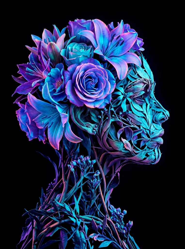 A surreal profile silhouette of a human head facing right, constructed entirely from oversized floral elements against a stark black background. The delicate contours of the face, including the forehead, nose, lips, and chin, are intricately sculpted from curled leaves and budding stems. Large blooming flowers dominate the head shape, rendered in electric neon blue, cyan, and ultraviolet tones with iridescent pink highlights on the petals. Interlocking thick stems and sharp foliage form the lower neck and bust structure. The composition utilizes a striking double-exposure illusion with stark high-contrast lighting, giving the vividly textured botanical forms a bioluminescent, glowing quality.