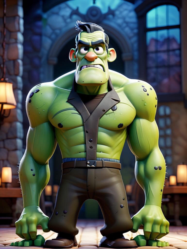 full body image of Boris Karloff as Frankenstein's Monster in style of pixar animation, Green Skin, muted color palette, atmospheric, creepy, reanimated corpse, scar tissue, decomposing, starring eyes, welcoming, bolts sticking out of sides of neck, gangrene, veins, mutilated, stitches across forehead, grilling food in a restaurant