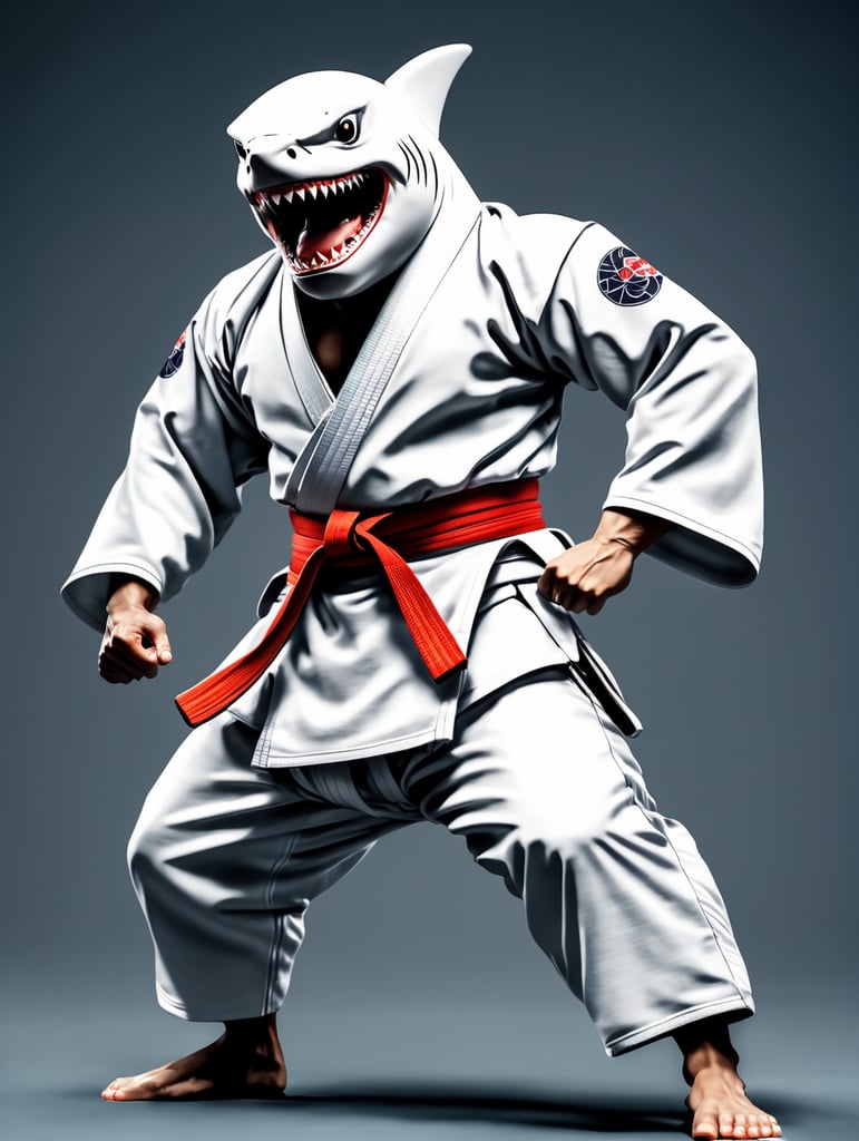 humanoid shark in judo kimono stay in action pose and angry face