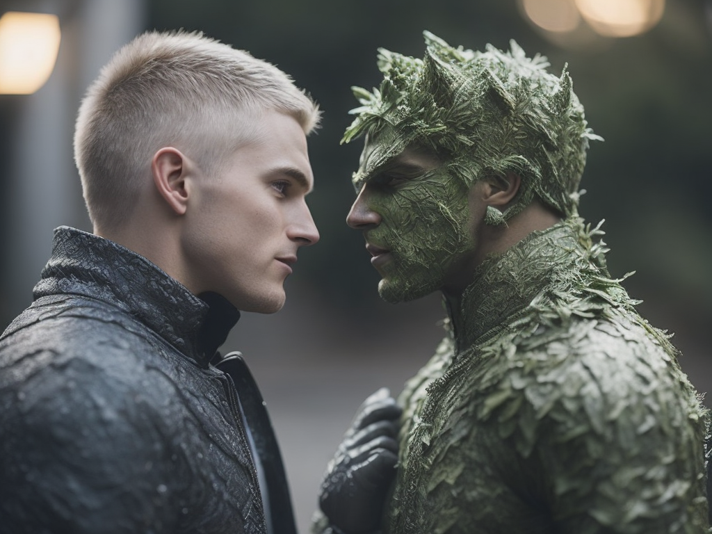 jack frost and green man facing each other, fighting, battle, winter on jack frost's side, summer on green man's side