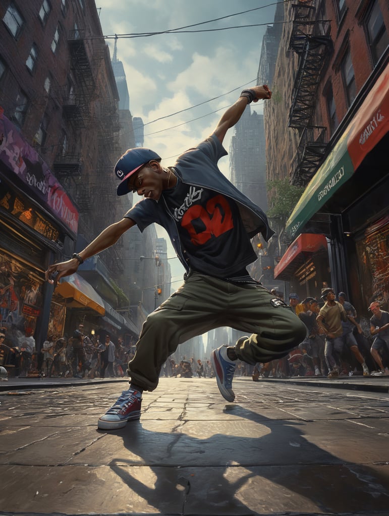 2-d from Gorillaz break dancing in a new york city street