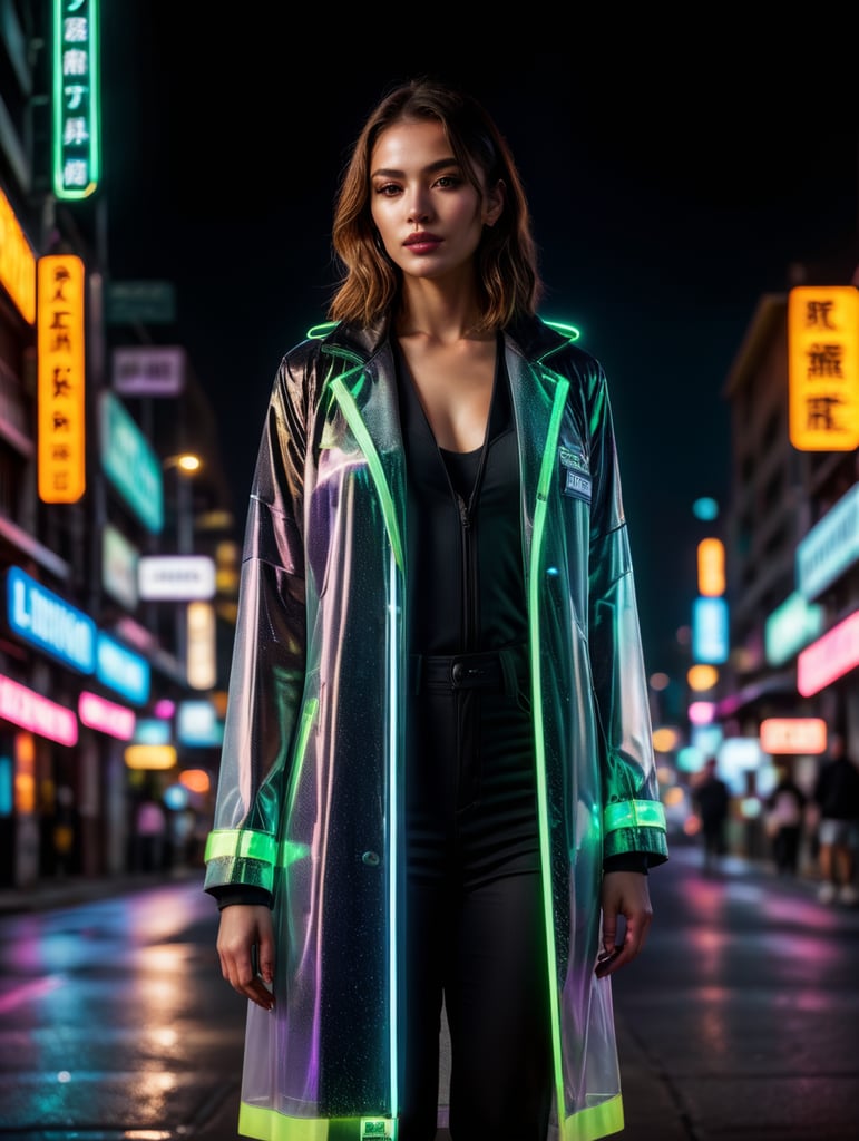 A women wearing translucent coat, standing on a street, neon cyber city, dark night, neon signs
