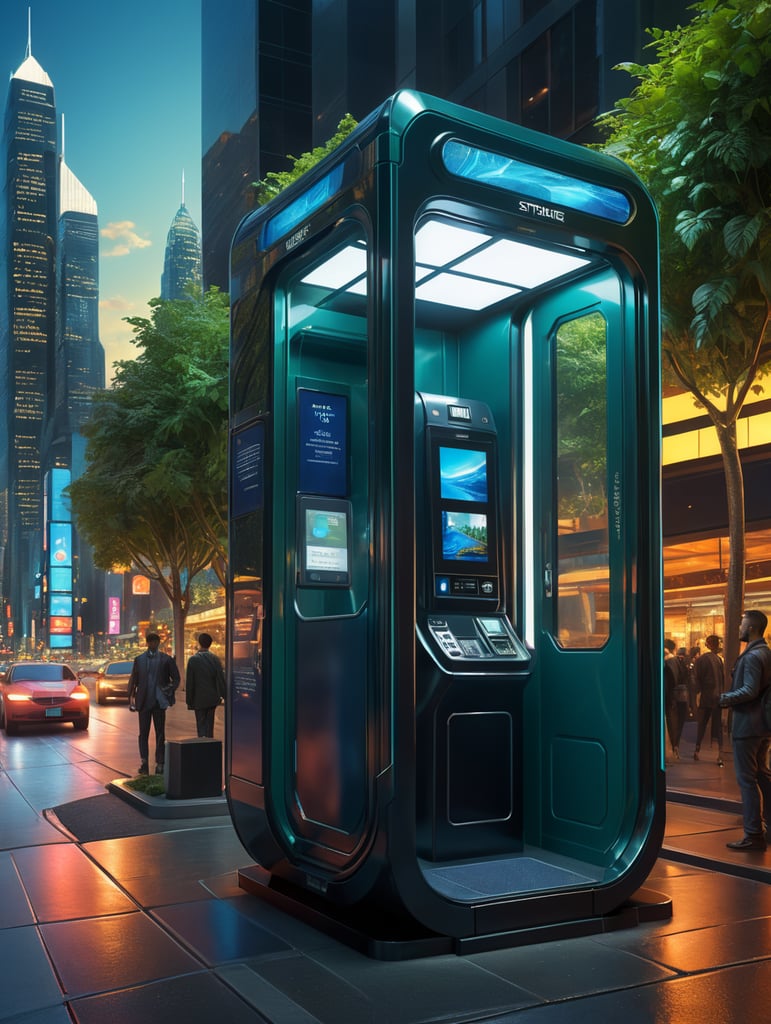A sleek, state-of-the-art telephone booth with cutting-edge technology and solar power integration, presented through a professional digital illustration style. In the spirit of concept artist Syd Mead, this image showcases a futuristic, cityscape backdrop. The booth exudes minimalism and sophistication with its clean lines and advanced touchscreens. The color palette is a mix of cool, futuristic blues and vibrant, eco-friendly greens. Facial expressions are determined and focused, bathed in the glow of a digitally enhanced atmosphere, demonstrating the embodiment of professionalism in modern technology. --v 5 --stylize 1000