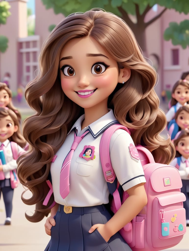 Menina de cabelos castanhos longos e ondulados, pele clara, olhos castanhos, sorriso feliz, com uniforme escolar , batom rosa e blush com mochila rosa e caderno na mão