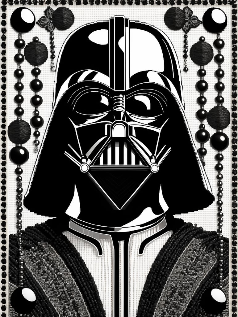 cross stitch pattern with Darth vader in the style of fujifilm natura 1600, white and black, expressive comic panels, made of beads and yarn, craftcore, skillful, free brushwork
